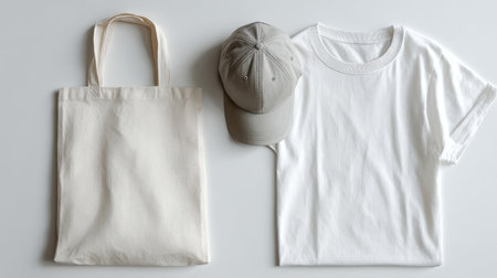 Flat-lay display of white T-shirt, casual cap, and cotton tote bag, minimal style, clean lighting, isolated on white backgroundの素材