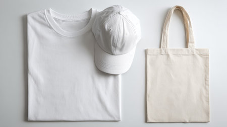 White crew-neck T-shirt, simple cap, and tote bag flat-lay, wrinkle-free, minimalist style, isolated on white backgroundの素材