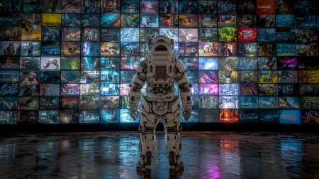 Rear of realistic robot facing massive holographic entertainment wallの素材