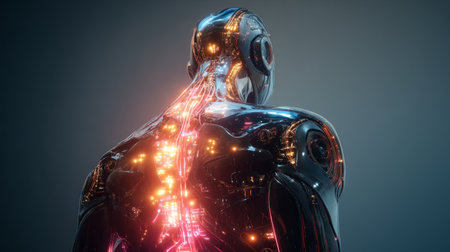Rear of humanoid android with glowing holographic content flowの素材