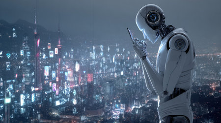 White robot browsing immersive holographic city of appsの素材
