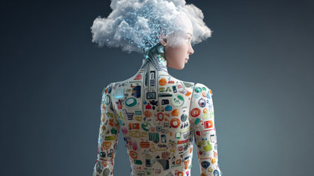 Caucasian android backview connected to streaming cloud of colorful multimedia and shopping iconsの素材