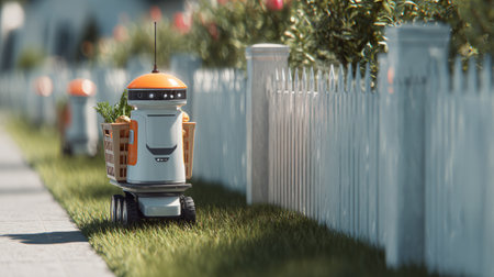 Compact autonomous robot carrying groceries, moving past white picket fences and green lawns, efficient urban delivery conceptの素材