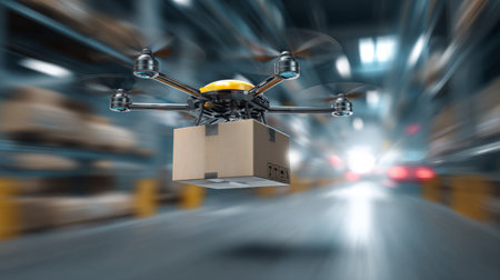 High-speed delivery drone carrying package, blurred warehouse environment symbolizing rapid and precise operationsの素材