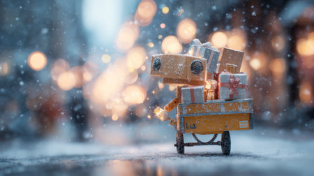 Small delivery bot delivering holiday gifts, snowflakes falling, blurred city background creating cozy winter atmosphereの素材