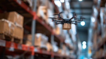 Drone flying smoothly through warehouse, package secured, background of shelves and boxes out of focus, modern logistics conceptの素材
