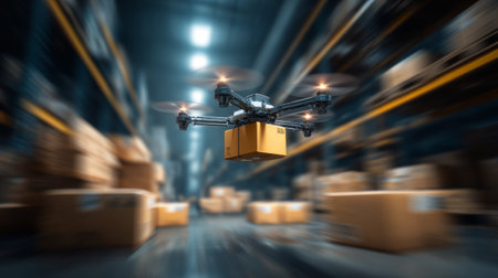 Logistics drone flying through warehouse with a box, blurred packages behind it, symbolizing innovative, high-tech supply chain solutionsの素材
