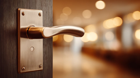 Empty door hanger template on hotel door handle, soft-focus background showing warm interior, clean space for promotional branding displayの素材