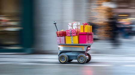Sleek delivery bot loaded with wrapped Christmas gifts, moving quickly on urban sidewalk, motion blur conveying festive fast-paced logisticsの素材