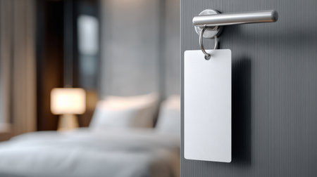 Minimalist door hanger mockup hanging on sleek silver handle, blurred luxury hotel room behind, ideal for brand identity and marketing designの素材
