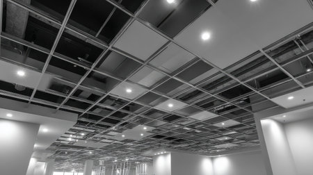 Ceiling grid close-up, suspended panels, integrated lighting, drywall walls, modern construction site aestheticの素材