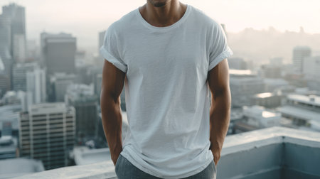 Mockup of male model in fitted white t-shirt with rolled sleeves, standing on rooftop with urban skylineの素材