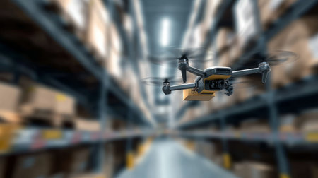 High-tech drone moving package across warehouse, sleek design, blurred shelves filled with boxes emphasizing rapid distributionの素材