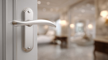 Elegant silver handle with blank white door hanger, blurred luxurious interior view behind, ideal for hospitality advertising presentationの素材