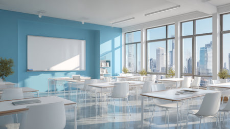 Bright and airy modern classroom, polished white desks, stylish seating, large whiteboard on blue feature wall, floor-to-ceiling windows with city view, 3D renderの素材