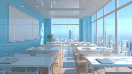 Modern classroom setup, organized white desks, minimal chairs, huge whiteboard on sky blue wall, sweeping city view through glass facade, realistic 3D renderの素材