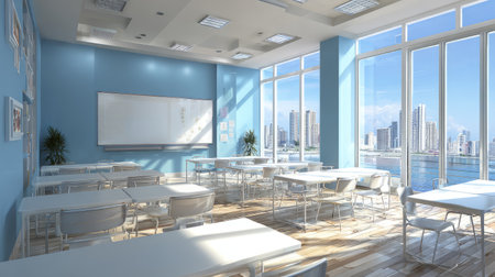 Contemporary school room design, neat white desks, ergonomic chairs, wide whiteboard against blue wall, glass windows offering stunning cityscape view, photoreal 3D renderingの素材