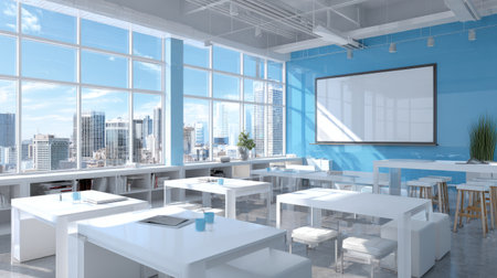 Modern and bright educational space, organized white desks, stylish seating, massive whiteboard on blue accent wall, city skyline beyond glass windows, 3D renderingの素材