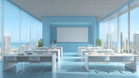 Modern classroom setup, organized white desks, minimal chairs, huge whiteboard on sky blue wall, sweeping city view through glass facade, realistic 3D renderの素材