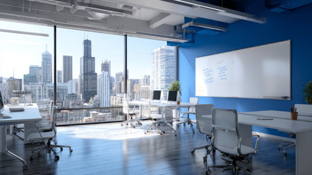 Innovative educational interior, clean white desks, ergonomic chairs, big whiteboard against royal blue wall, panoramic windows overlooking downtown skyline, 3D renderingの素材