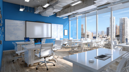Elegant learning environment, glossy white desks, ergonomic chairs, expansive whiteboard on bold blue wall, panoramic windows framing urban cityscape, 3D photorealの素材
