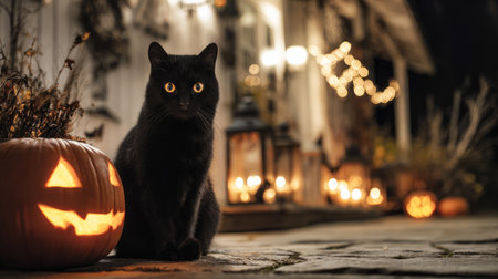 Black cat with glowing eyes sitting beside a jack lantern, Halloween night scene with spooky decorationsの素材