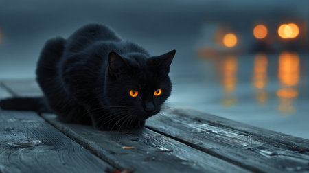 Black cat with glowing orange eyes crouching on a wooden pier at night, water reflecting moonlightの素材