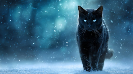 Glowing-eyed black cat standing in snow under northern lights, mystical and surreal lighting effectsの素材