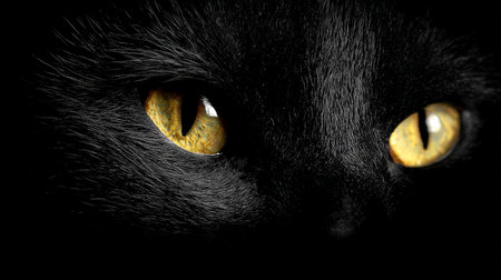Close-up of a black cat glowing yellow eyes emerging from deep darkness, extreme contrast and sharp focusの素材