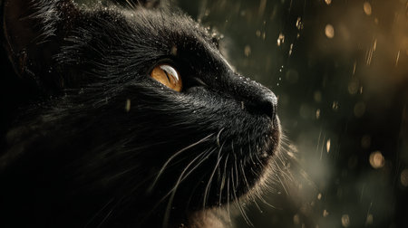 Dramatic portrait of a black cat with glowing eyes, rain falling in the background, cinematic noir styleの素材