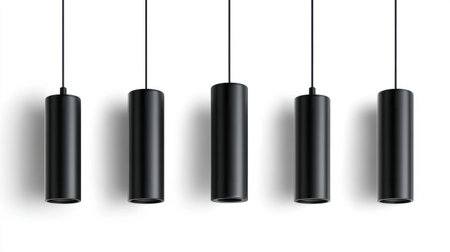 Black metal hanging lights with simple cylindrical shapes, isolated on white, professional lookの素材