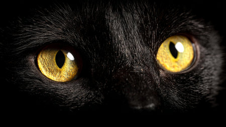 Close-up of a black cat glowing yellow eyes emerging from deep darkness, extreme contrast and sharp focusの素材
