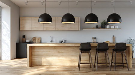 Black dome pendant lights hanging above a light ash wood kitchen island, sleek modern furnishings, clean lines, uncluttered surfacesの素材