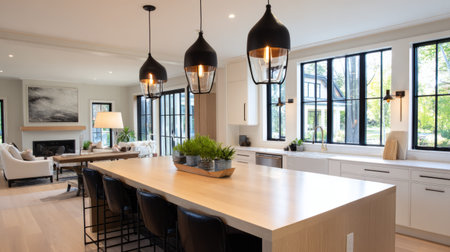 Elegant black pendant lighting over a blonde wood kitchen island, smooth surfaces, airy contemporary home designの素材