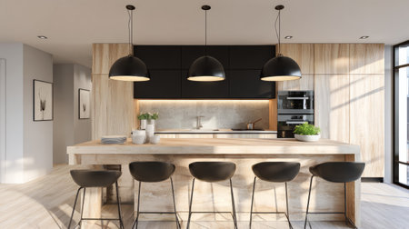 Trio of stylish black hanging lamps over a light beechwood kitchen island, bright modern home, soft sunlightの素材