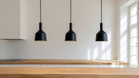 Three sleek black pendant lights hanging above a light oak wood kitchen island, minimalist Scandinavian style, bright natural lighting, clean modern lineの素材