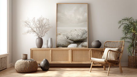 Bright luxury interior featuring ISO A poster mockup on white wall, light wood furniture, Scandinavian-inspired textures, 3D render with textured baseの素材