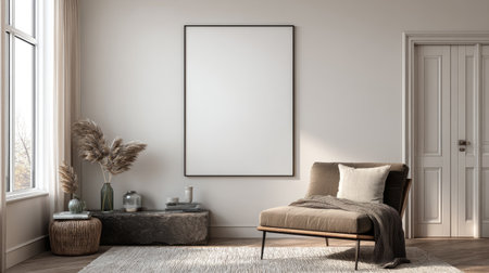Luxury apartment interior showcasing a framed poster mockup in ISO A size, mounted on a white wall, modern furniture arrangement, 3D render with a textured baseの素材
