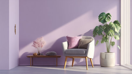 Console table arrangement against lilac wall, decorative cushions, fresh houseplant, stylish chair, minimal interior with natural light, 3D renderの素材