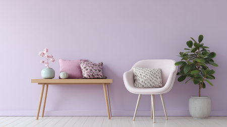 Modern pastel inspired living space, console table with cushions, decorative potted plant, sleek chair, lilac wall backdrop, stylish 3D renderの素材