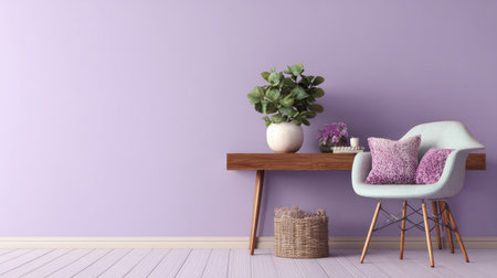 Minimal interior with console table, soft cushions neatly arranged, green houseplant in ceramic pot, modern chair beside lilac wall, cozy stylish atmosphere, 3D renderの素材