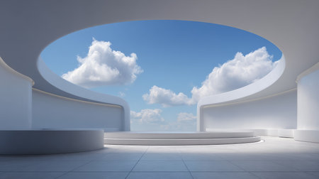 Spacious circular interior, sky visible above, minimal modern design with clean lines, smooth textures, futuristic ambiance, 3D renderingの素材