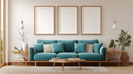 Stylish living room with framed blank posters above teal sofa, beige walls, wooden furniture, cozy neutral tones, warm soft lighting, 3D rendered minimal setupの素材