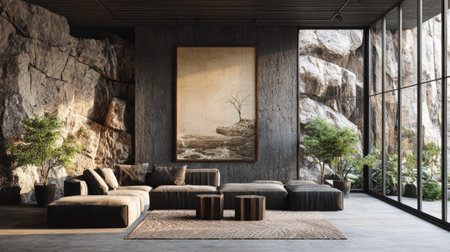 Modern luxury villa interior with ISO A frame poster mockup on textured stone wall, large glass windows, natural elegance, 3D render with textured baseの素材