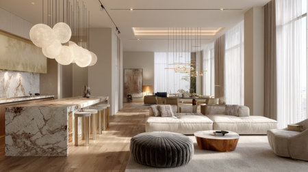 Contemporary apartment open layout, textured base marble island, living room with designer furniture, soft neutral palette, bright and elegant ambienceの素材