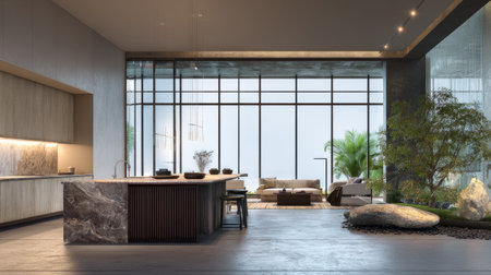 Luxury open space apartment, side view showing kitchen and living area, textured base island, wide glass wall with tranquil garden scenery, premium styleの素材