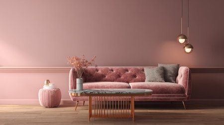 Cozy lounge space with blank wall mockup, warm lighting, velvet sofa, designer coffee table, contemporary interior style, 3D render with textured baseの素材