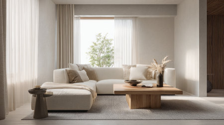 Cozy minimalist apartment living room with neutral furnishings, soft textures, wooden coffee table, serene atmosphere, 3D render with textured baseの素材