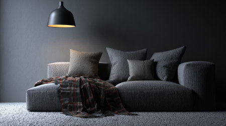 Neutral minimalist interior with cozy sofa, layered textured fabrics, soft warm lighting, inviting atmosphere, 3D render with textured baseの素材
