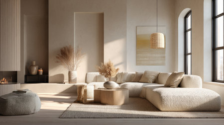 Warm minimalist apartment interior, textured linen furnishings, soft neutral tones, cozy atmosphere, 3D render with a textured baseの素材